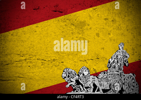 Nahaufnahme einer Abbildung Retro der spanischen Flagge bedruckt mit einer Zeichnung von der Skulptur der Cibeles-Brunnen. Stockfoto