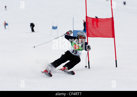 Children's Ski Rennen an der Nevis Range Fort William schottischen Highlands Schottland Großbritannien in perfektem sonnigen Bedingungen gehalten Stockfoto