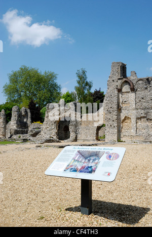 Eine Informationstafel in Wolvesey Castle (alten Bischofspalast), ehemalige Prinzip Residenz der reichen und mächtigen Bischöfe von Stockfoto