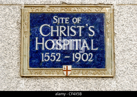 Plakette markiert den ehemaligen Standort des Christi Krankenhaus in Newgate Street. Stockfoto