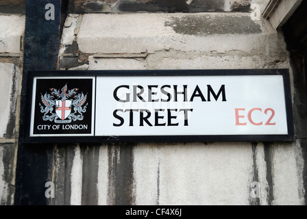 Gresham Straße Stadt von London EC2 Straßenschild an Wand. Stockfoto