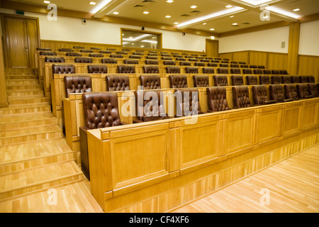 Konferenzräume mit herrlichen Ledersesseln und Holztische mit Mikrofonen, Verkürzungen seitwärts Stockfoto