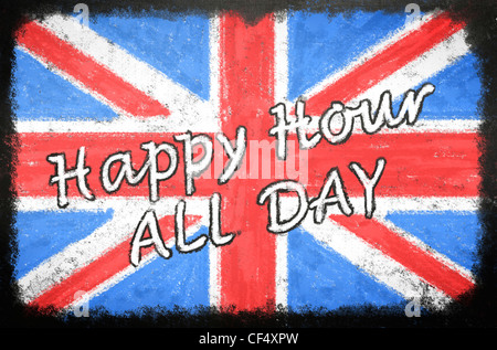 Pub Schild Tafel mit Kreide gezeichnet Union Jack, die "Happy Hour All Day" lautet Stockfoto
