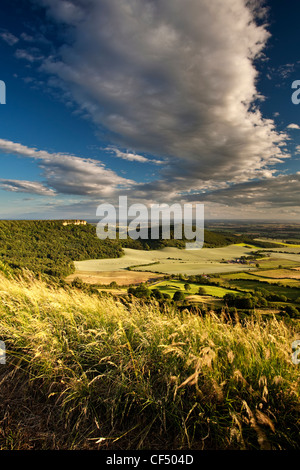 Roulston Narbe und Hood Hügel in der Nähe von Sutton Bank mit Vale of York in der Ferne. Stockfoto