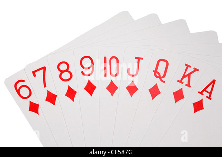 Spielkarten der Farbe des Diamanten isoliert auf weißem Hintergrund, zu beschäftigen Stockfoto
