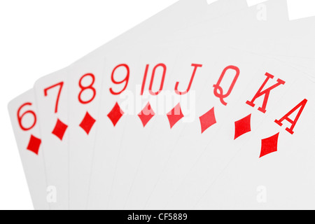 Spielkarten der Farbe des Diamanten isoliert auf weißem Hintergrund, zu beschäftigen Stockfoto