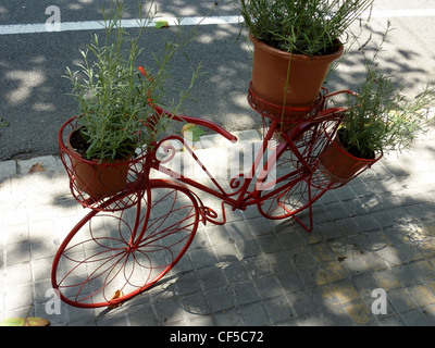Rot metallic Fahrrad in der Straße und mit drei Werken Stockfoto