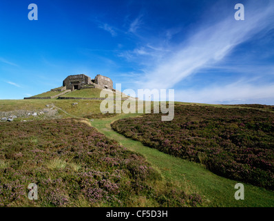 Offa's Dyke Path und das Jubiläums-Denkmal auf dem Gipfel des Moel Famau im Bereich von Clwydian. Ein bekanntes Wahrzeichen von Meile sichtbar Stockfoto