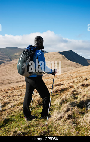 Weibliche Wanderer mit Blick auf die fernen Gipfel des Cribyn, Brecon Beacons National Park, Wales Stockfoto