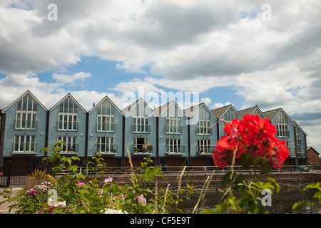 England, West Sussex, Chichester, Waterside Holz verkleidet Häuser neben Kanal-Becken. Stockfoto