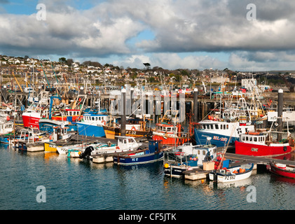 Angelboote/Fischerboote vertäut im Hafen von Newlyn. Stockfoto