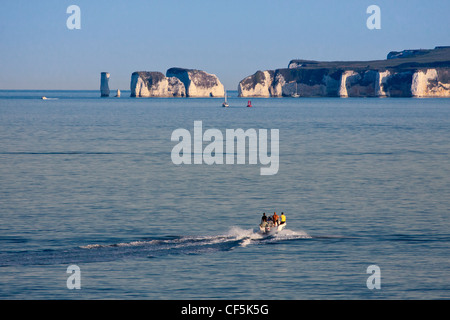 Menschen an Bord einer Geschwindigkeit Boot in Richtung Old Harry Rocks, zwei Kreide-Meer-Stacks auf der Isle of Purbeck. Stockfoto