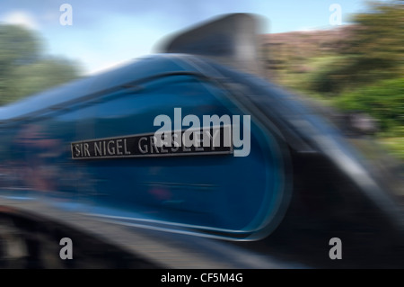 LNER Klasse A4 Pacific 4-6-2 Sir Nigel Gresley mit Geschwindigkeit in der Nähe von Goathland Station North Yorkshire Moors Railway. Stockfoto