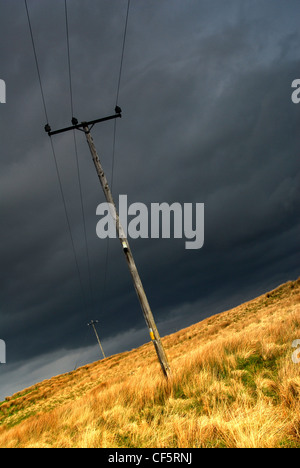 Pylon und Gewitterwolke in der Nähe von Doo Lough im County Mayo. Stockfoto