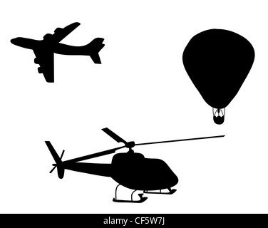 Flugzeug Helikopter und Ballon-silhouette Stockfoto