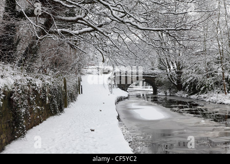 Eine schneebedeckte Leinpfad und Eisschollen auf der Oberfläche des Huddersfield Narrow Canal. Stockfoto