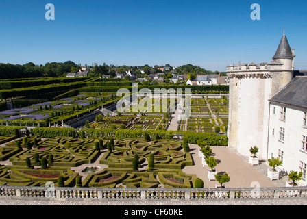 Frankreich, Loire, Villandry, die ornamentalen Garten (Gemüse) Gemüsegarten im Hintergrund. Schloss auf der rechten Seite. Stockfoto