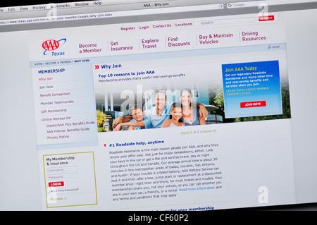 AAA Website - Motor Club und Freizeit Reisen Organisation im Dienste Nordamerika bietet am Straßenrand Notdienst Stockfoto