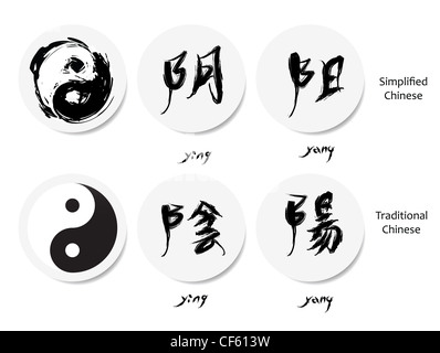 Yin-Yang-Symbol und chinesische Schriftzeichen, orientalische Symbole. Stockfoto