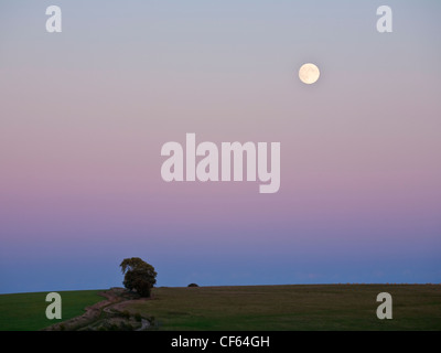 Vollmond steigt in der Dämmerung über Walbury Hill in der Nähe von Inkpen. Stockfoto