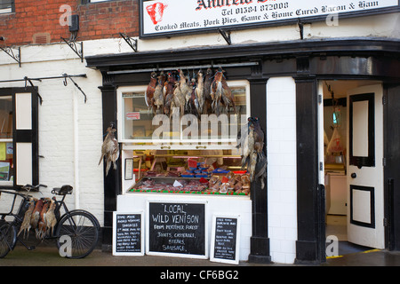 Spiel hängen vor einem lokalen Metzger in Ludlow. Stockfoto