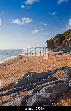 Blick nach Süden entlang Start Bucht von Torcross Punkt in Richtung Startpunkt, South Devon, England, UK Stockfoto