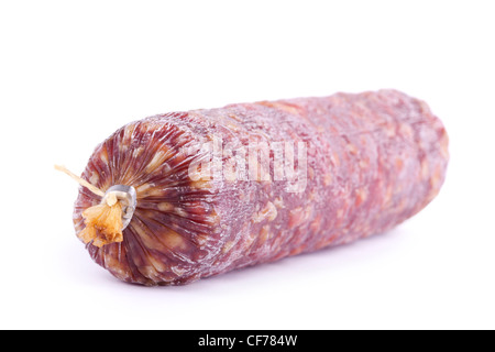 Geräucherte Wurst Closeup auf weiß Stockfoto