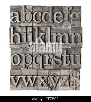 Englisches Alphabet (kleingeschrieben) und Dollarzeichen in Vintage Grunge Buchdruck Metall-Typ Stockfoto