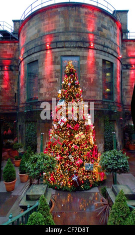 Dome Club Christmas Tree, Edinburgh, Schottland in rot, beleuchtet von Lichtern Stockfoto