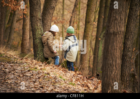 Kinder spielen im herbstlichen Wald Stockfoto