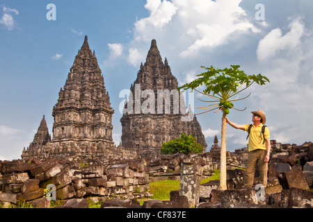 Indonesien, Asien, in der Nähe von Jogjakarta, Yogyakarta, Stadt, Prambanan, Weltkulturerbe, Papayabaum, Tempel, Tempel, Hindu, Religion, UN- Stockfoto