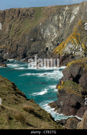 Blick auf die Klippen in der Nähe von Ogo Pons von Soap-Rock auf dem South West Coast Path zwischen Pfosten und Kynance Buchten Stockfoto