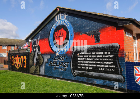 Loyalist Wandbilder an "Freiheit Ecke", Newtownards Straße, Belfast Stockfoto