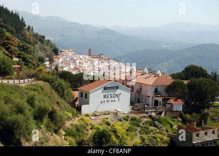 Blick auf die Stadt und die umliegende Landschaft, Pueblo Blanco, Algatocin, Costa Del Sol, Provinz Malaga, Andalusien, Spanien, Europa Stockfoto