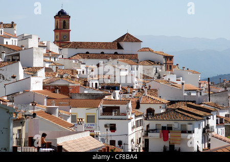 Blick auf die Stadt und Kirche, Pueblo Blanco, Algatocin, Costa Del Sol, Provinz Malaga, Andalusien, Spanien, West-Europa. Stockfoto