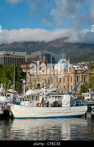 Angelboote/Fischerboote am Franklin Wharf, Mount Wellington in der Ferne, Hobart, Tasmanien Stockfoto