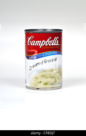 Ungeöffnete Dose Campbell Suppe Sahne Brokkoli auf weißem Hintergrund ausschneiden USA. Stockfoto