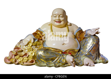 Dicken Bauch Maitreya Tuch Tasche Mönch Buddhastatue Isolated on White Background Stockfoto