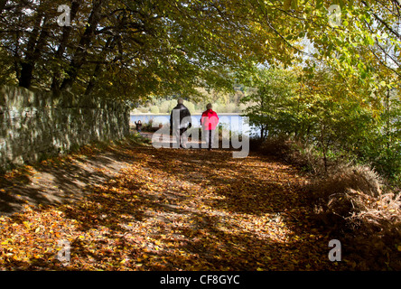 Paare, die in Ogden Wasser-Reservoir in der Nähe von Halifax, West Yorkshire, im Herbst. Stockfoto