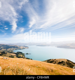 Ein Blick auf Akaroa Harbour, Banks-Halbinsel, auf der Südinsel Neuseelands. Stockfoto