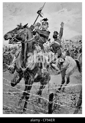 Ulanen Reiterei Stacheldraht Verteidigung außerhalb Lüttich kaiserlich deutschen Armee Frontlinie Schlacht Feld Belgien Pferd kostenlos Lanze sabre Stockfoto