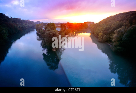 Schweiz, Europa, Geneve, Genf, Jonction, Sonnenaufgang, Rhone, Arve, Fluss Stockfoto