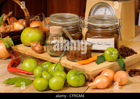 Country-Küche-Szene von zu Hause gemacht grüne Tomaten Chutney, mit Zusätzen und traditionelle Küche Elemente, UK, Oktober Stockfoto