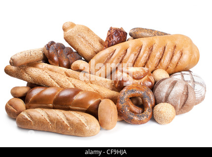 Stillleben mit Bäckereiprodukte, die isoliert auf weißem Hintergrund Stockfoto