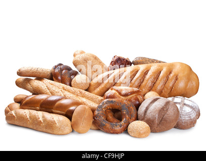 Stillleben mit Bäckereiprodukte, die isoliert auf weißem Hintergrund Stockfoto