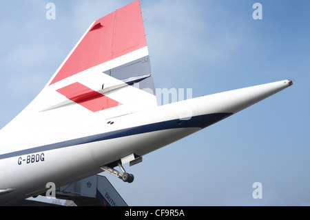 Schwanzflosse von Concorde Prototyp G-BBDG in Brooklands Museum. Stockfoto