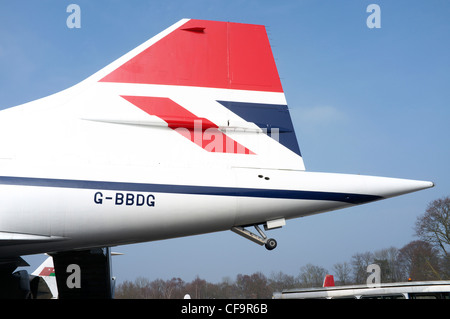 Schwanzflosse der Concorde G-BBDG im Brooklands Museum. Stockfoto