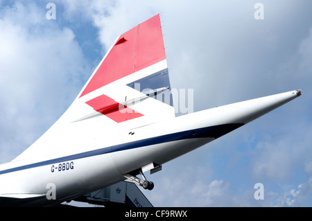 Schwanzflosse von Concorde Prototyp G-BBDG in Brooklands Museum. Stockfoto