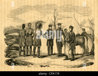 1849-Gravur. John Charles Frémont sucht einen indianischen Führer um führen ihn durch den Schnee der Berge der Sierra Nevada, CA. Stockfoto