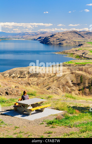 Frau Hund Picknick-Tisch mit Blick auf Kamloops Lake Stockfoto